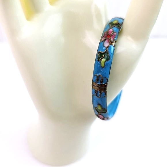 Vintage Cloissone Enameled Blue Pink Gold Floral Design Bangle Bracelet 2.35 in - Picture 1 of 9